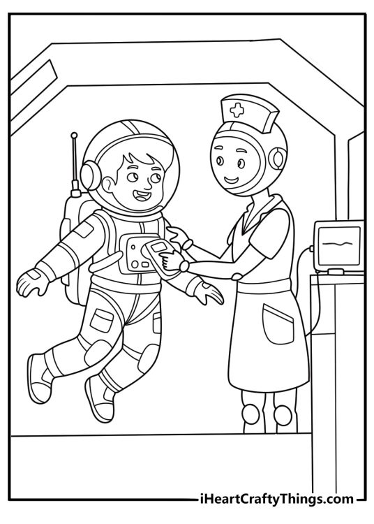 astronaut coloring sheet doing a medical check on a crew mate with a stethoscope inside a capsule