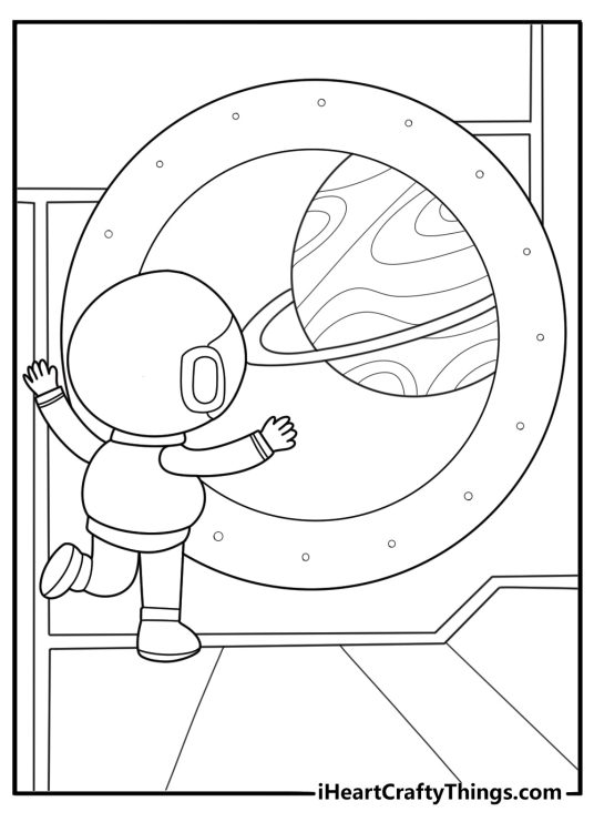 astronaut coloring sheet looking through cupola window at bright aurora over the planet