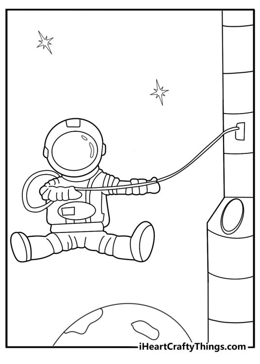 astronaut coloring sheet performing docking guidance with handheld targets near a hatch