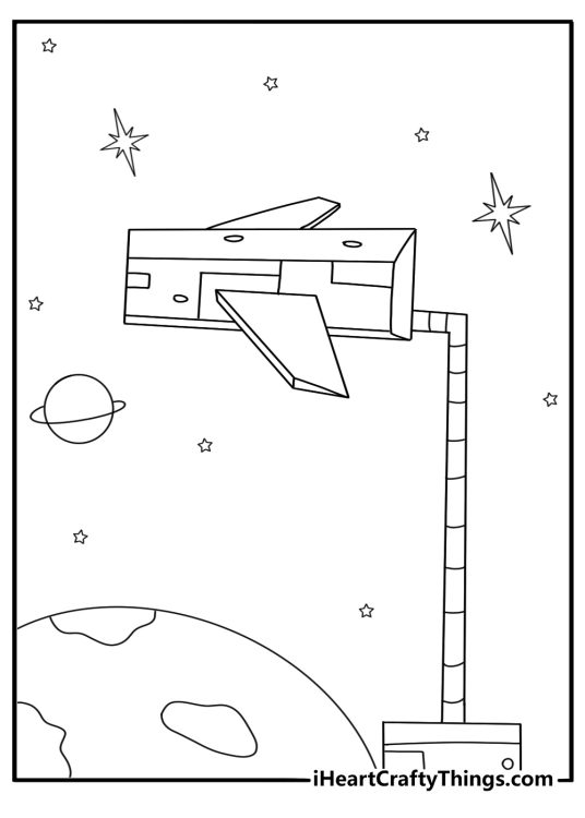 astronaut printable coloring page using a robotic arm to capture a cargo ship at the station