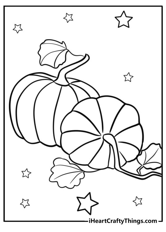 Fall-themed coloring image presenting two autumn pumpkins with stars in the background