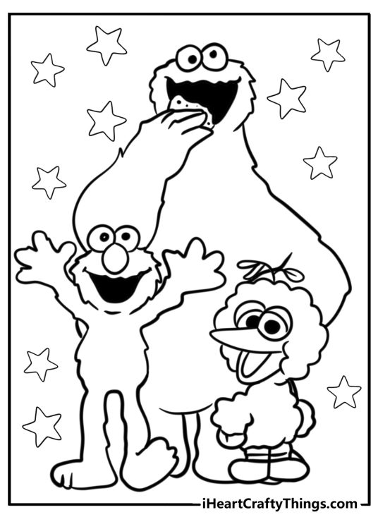 Coloring poster presenting Big Bird Cookie Monster and Elmo standing together surrounded by stars