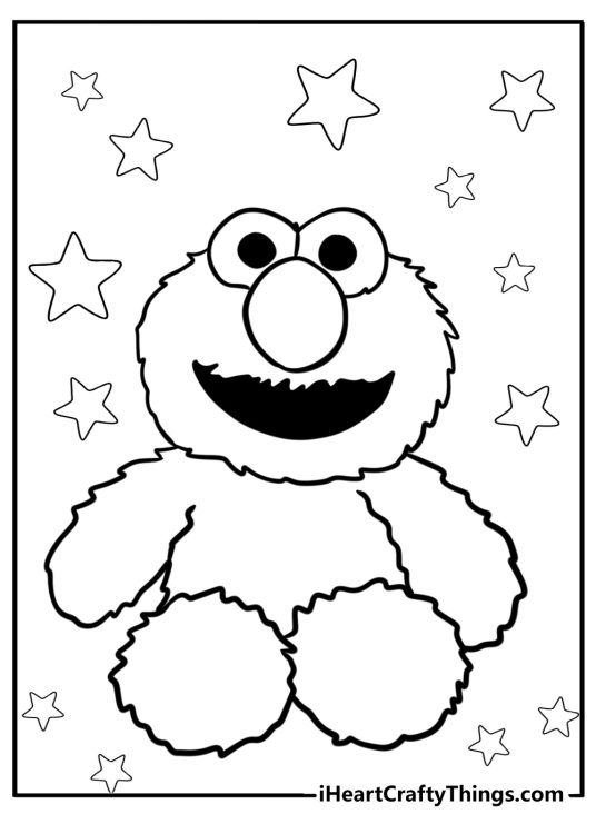 Picture to color for pre-schoolers featuring cute baby Elmo sitting surrounded by stars