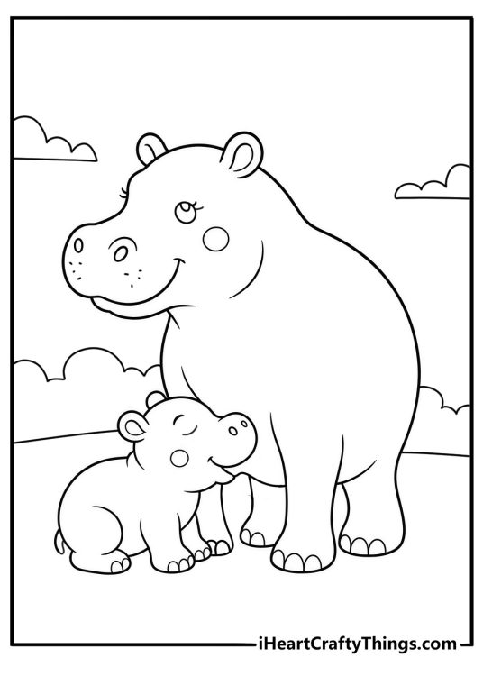 baby hippo drinks milk from its mother in this cute animal coloring page