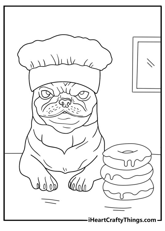 bakery pug coloring sheet pug near stack of donuts on counter fun for kids pdf