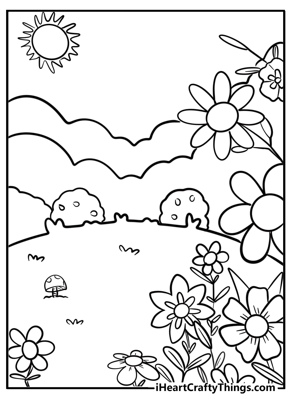 Beautiful garden with flowers coloring page for kids