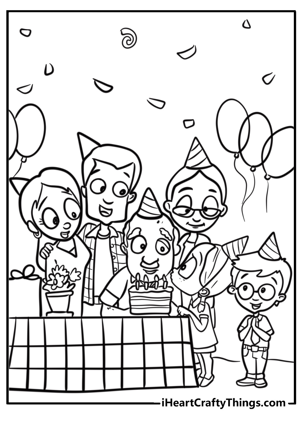 Big family celebrating a birthday party at home coloring page