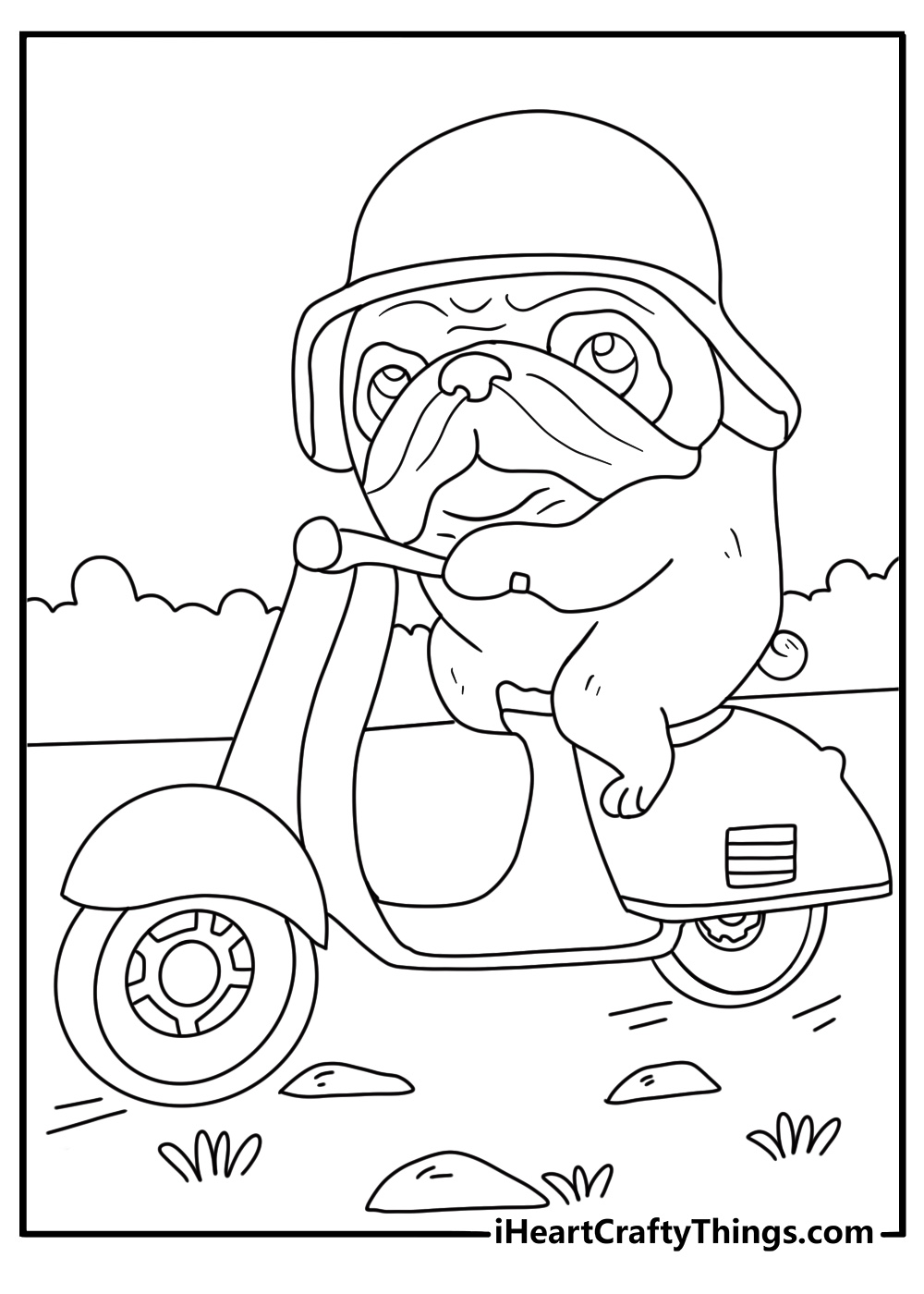 biker pug coloring sheet pug on small scooter with helmet road lines behind pdf