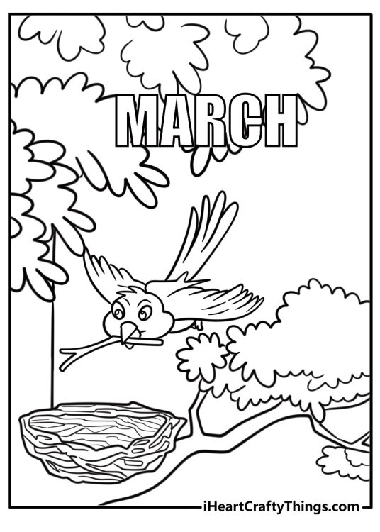 Bird building a nest in March coloring page for kids