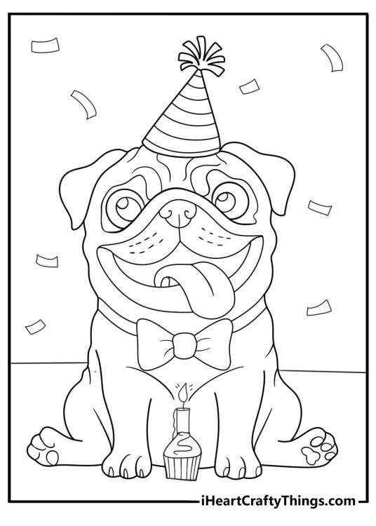 birthday pug printable coloring page pug near cupcake with candle family friendly pdf