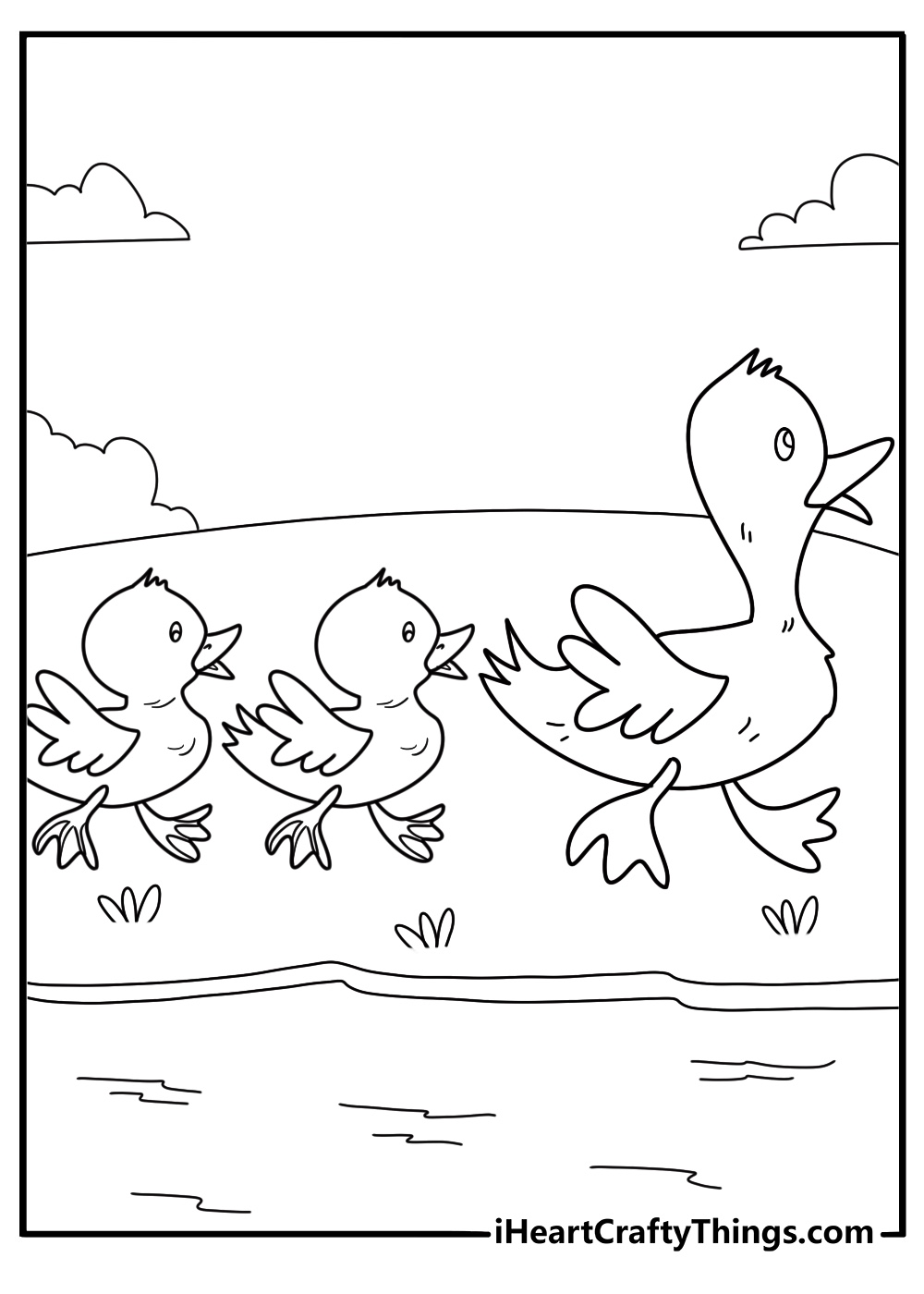 black and white duck coloring printable duck tracks leading to a small pond simple outline