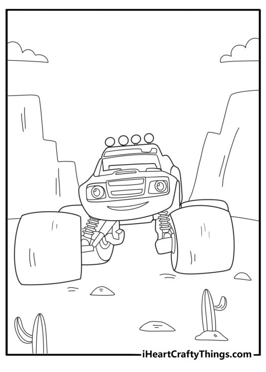 blaze in a desert scene with cactus background coloring page