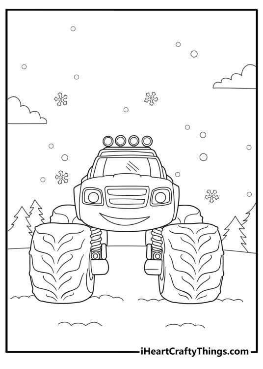 blaze in a snowy landscape with snowflakes around coloring sheet