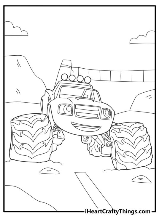 blaze monster truck racing on a track coloring page for kids