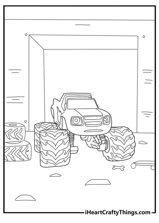 blaze parked near a garage with tools and tires coloring page