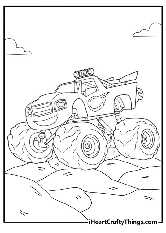 blaze with big tires driving over rocks printable coloring page