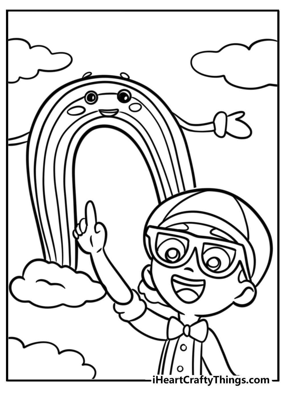 Blippi pointing to a colorful rainbow coloring sheet