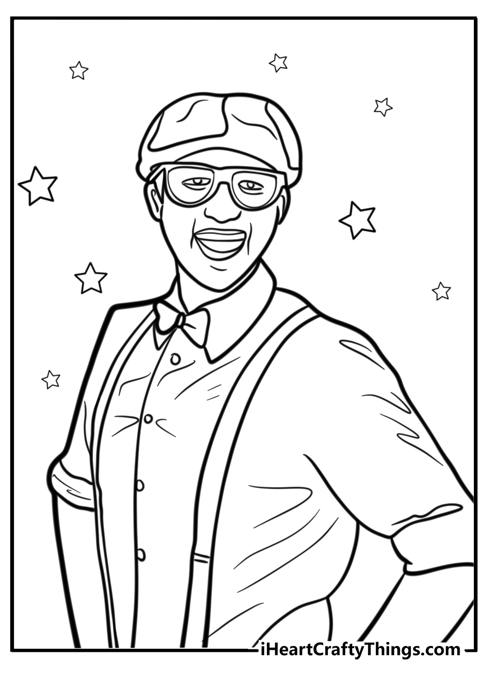 Blippi with a big hat and bow tie coloring page