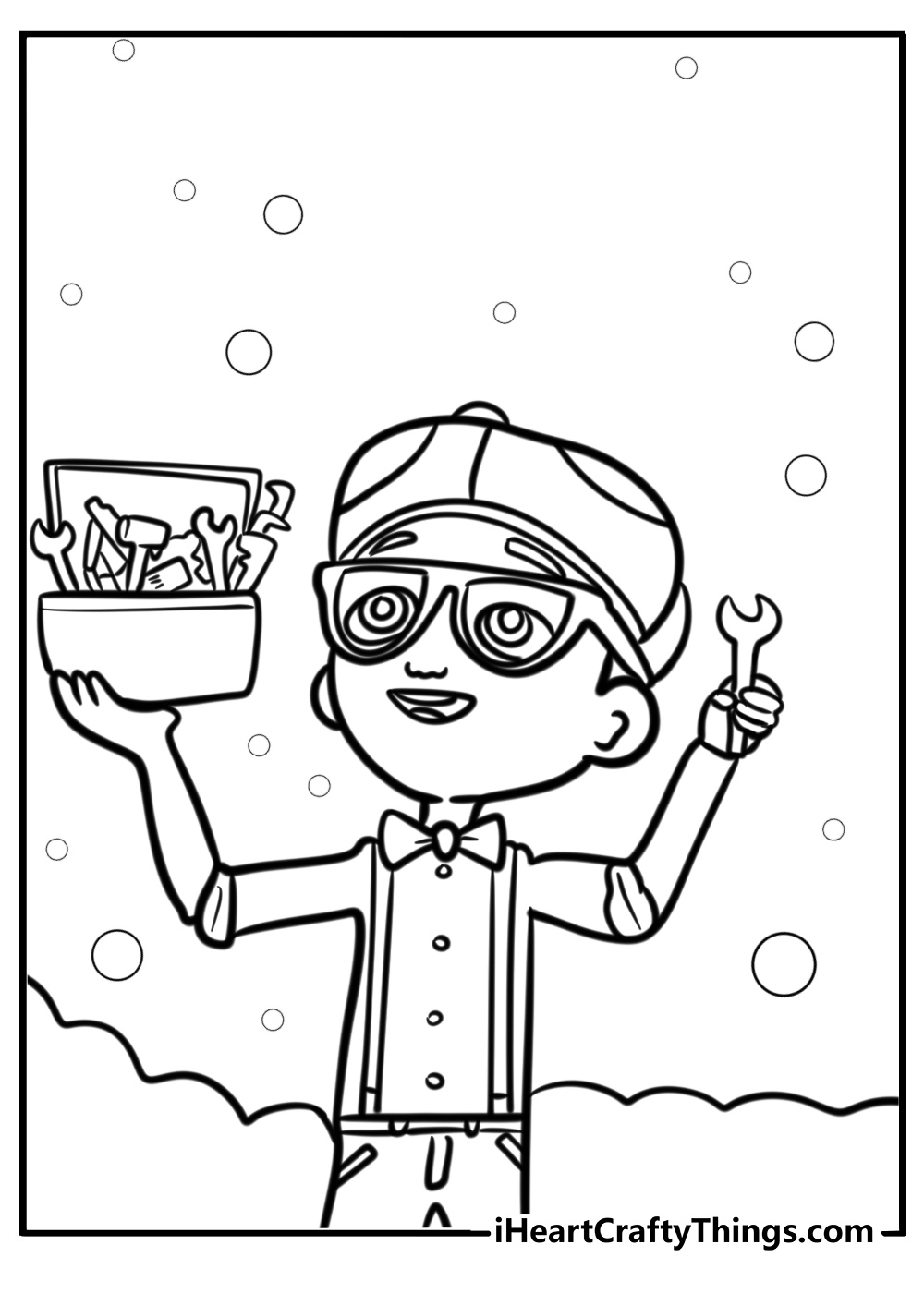 Blippi with a toolbox ready to work coloring page