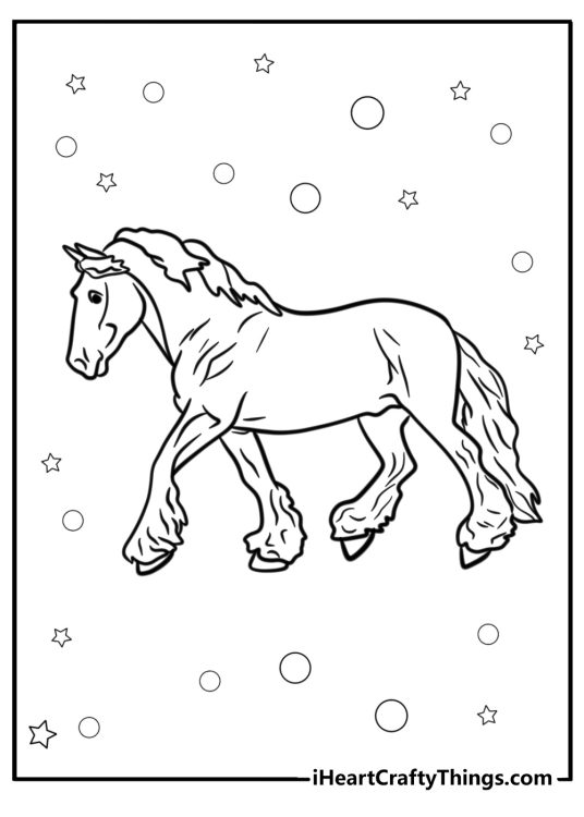 Coloring image of a horse with long main and tail surrounded by stars and bubbles