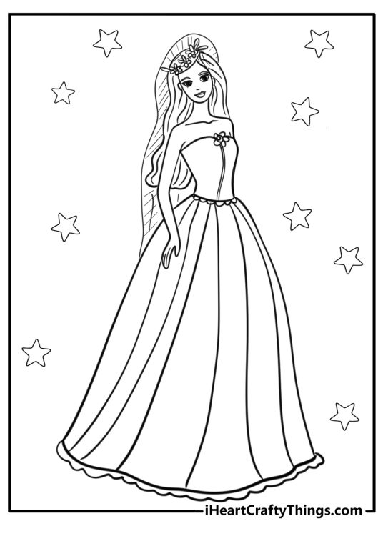 Coloring card of a bride wearing elegant sleeveless dress and a veil surrounded by stars all around her