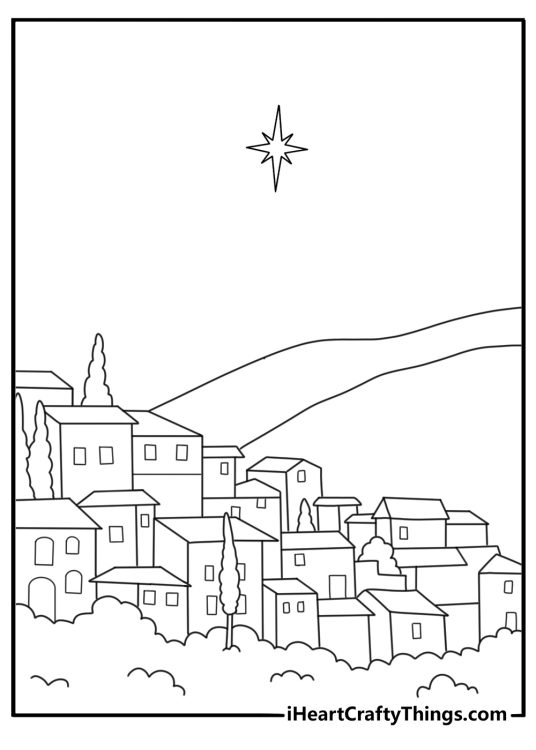 bright star of bethlehem shines above the town in this nativity printable