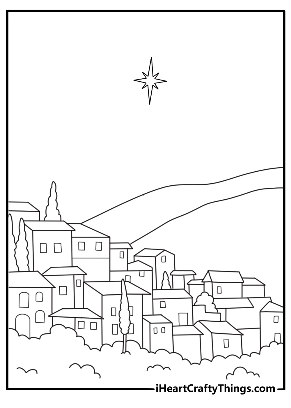bright star of bethlehem shines above the town in this nativity printable