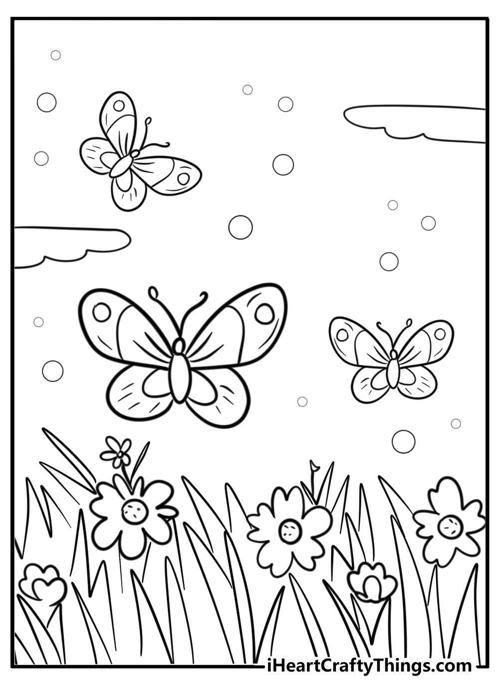 Butterflies flying over a garden fun printable coloring sheet