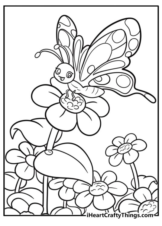Butterfly flying near spring blossoms printable coloring sheet
