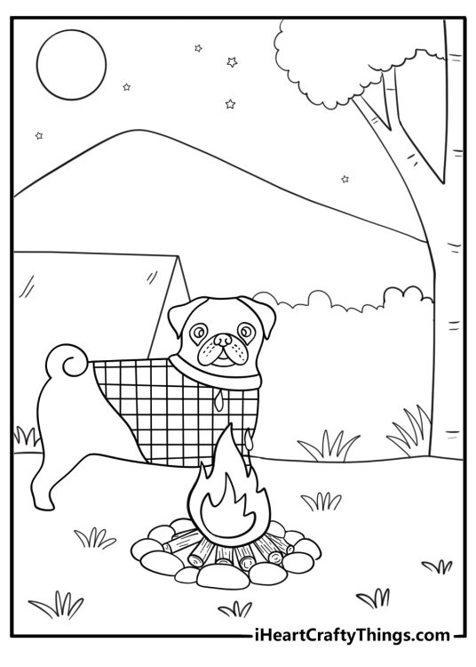 camping pug coloring sheet pug next to tent and campfire night sky scene pdf