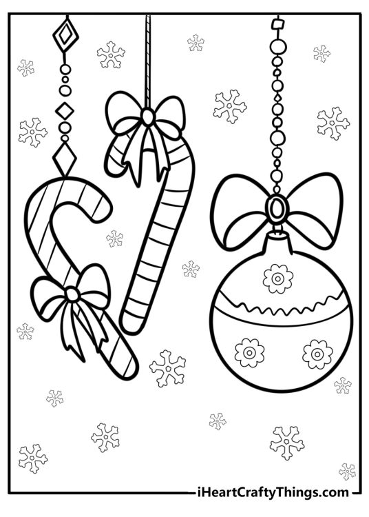 Image with two candy canes and Christmas ornament hanging on some chains surrounded by snowflakes