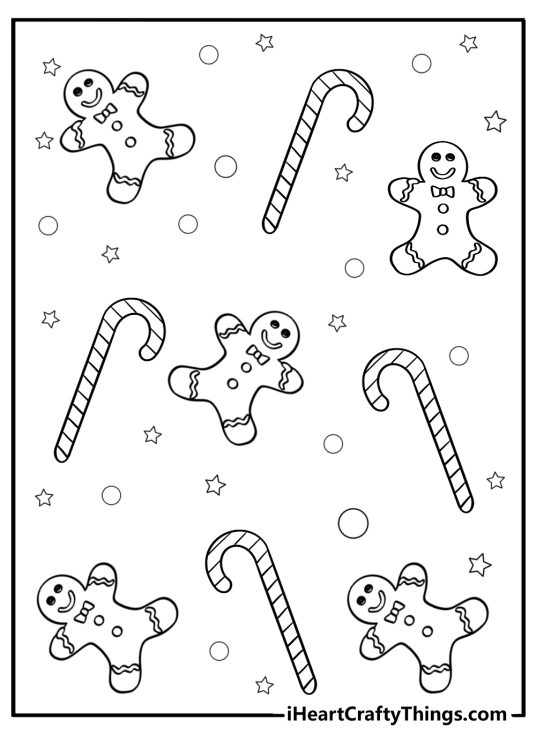 Printable page full of candy canes and gingerbread cookies surrounded by stars and circles