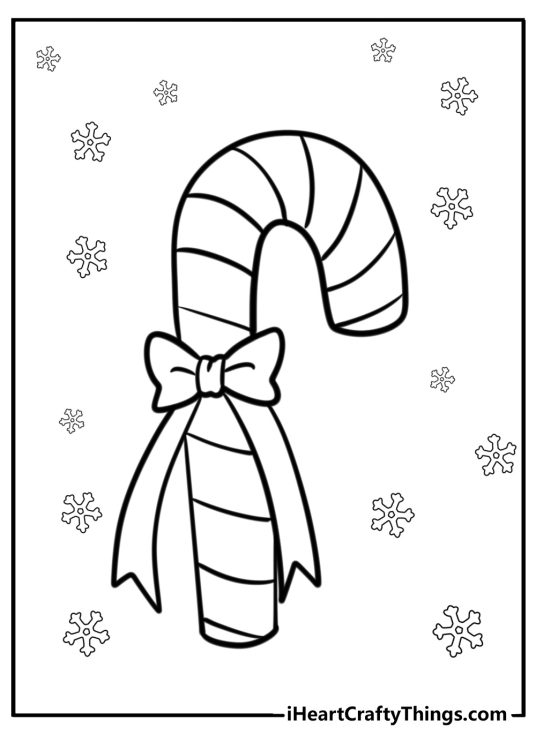 Coloring image presenting traditional candy cane with a bow surrounded by snowflakes