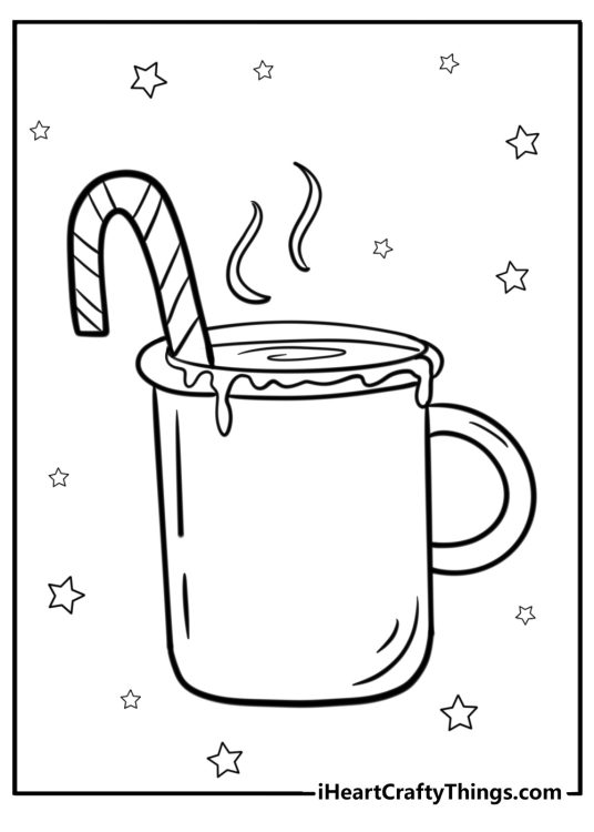 Detailed coloring picture featuring candy cane placed in a mug of hot chocolate and stars all around it