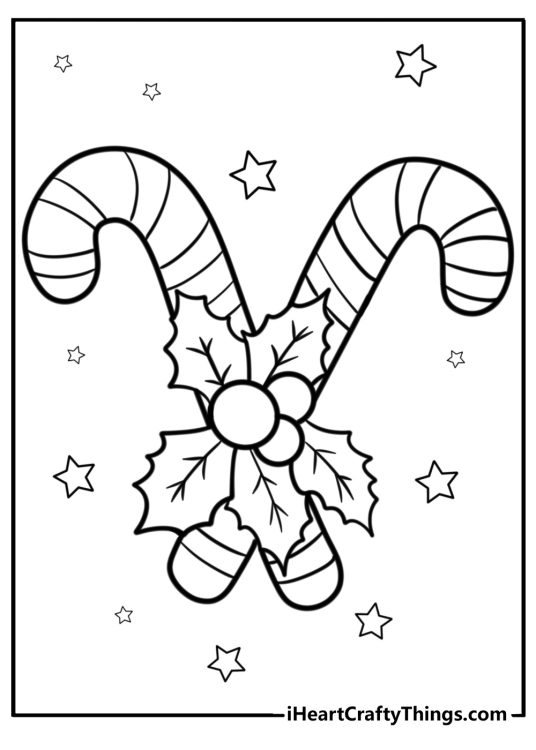 Printable drawing of two candy canes with holly leaves and berries surrounded by stars