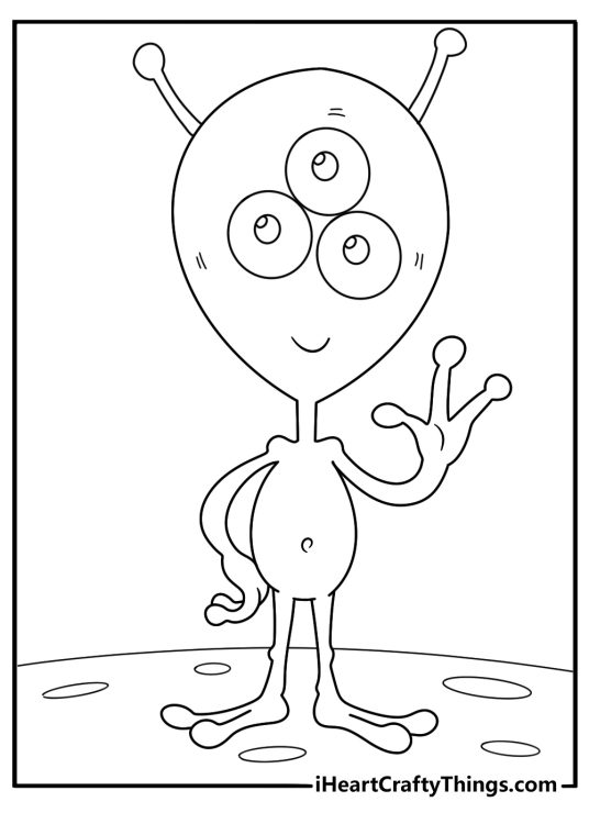 cartoon alien with three eyes and antennas simple coloring page for kids