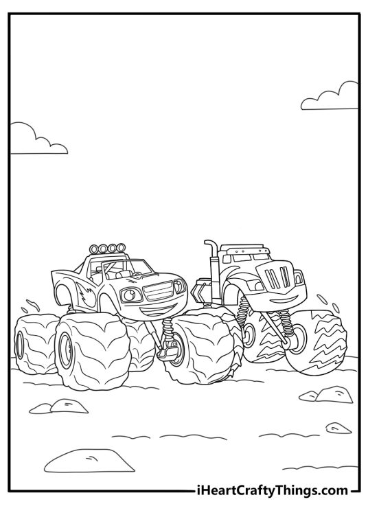 cartoon blaze competing in a monster truck derby coloring page