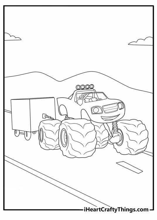 cartoon blaze pulling a trailer fun coloring sheet for kids