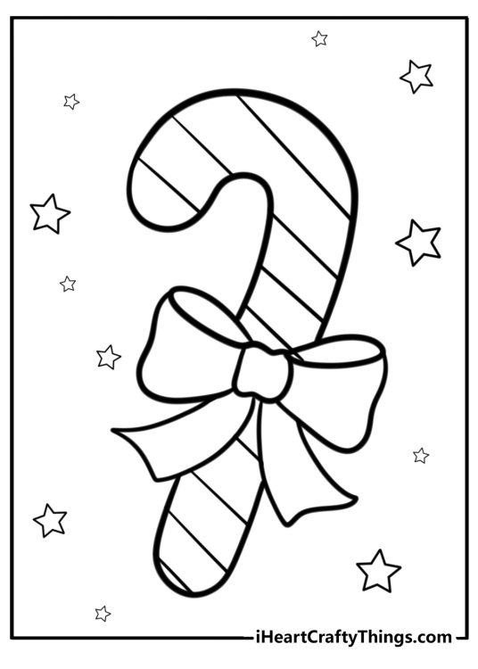 Picture for kids featuring stripy candy cane with a bow and stars in the background