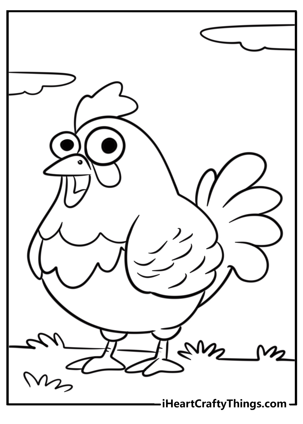 Cartoon chicken with big eyes fun coloring sheet for kids