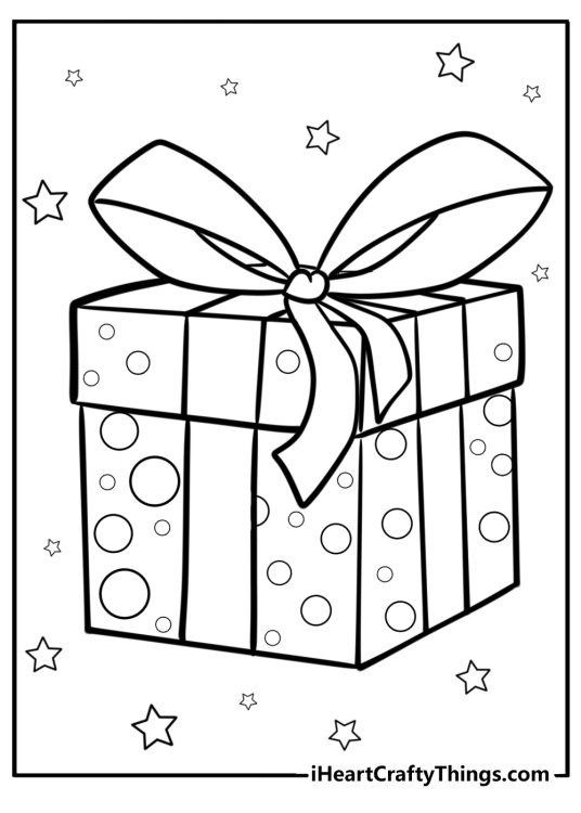 Printable page to color featuring Christmas gift box wrapped into polka-dot patterned paper surrounded by stars