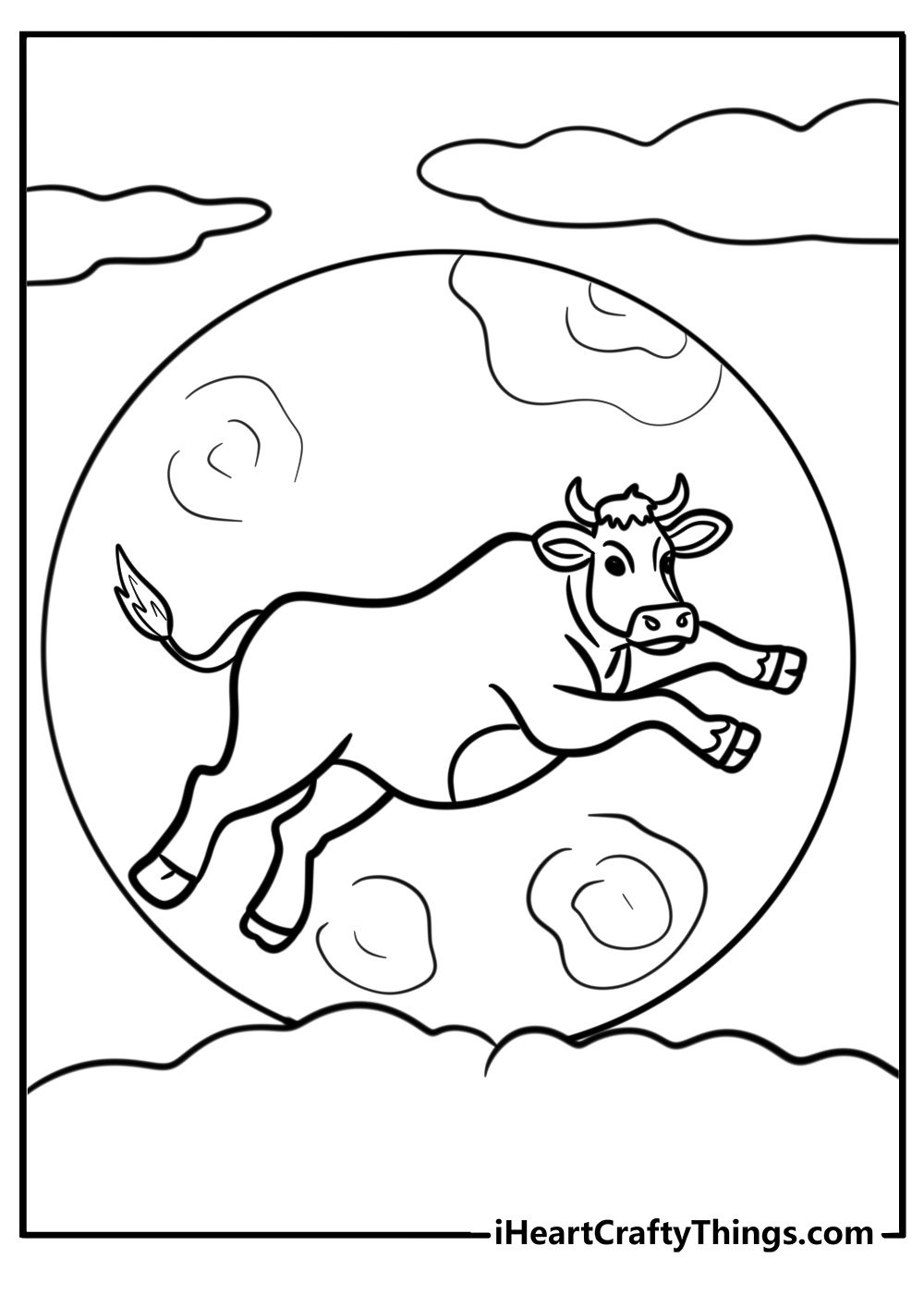 Cartoon cow jumping over the moon fun coloring sheet