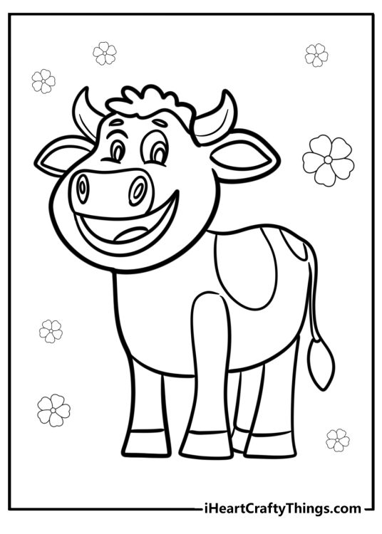 Cartoon cow with a big smile free coloring page pdf