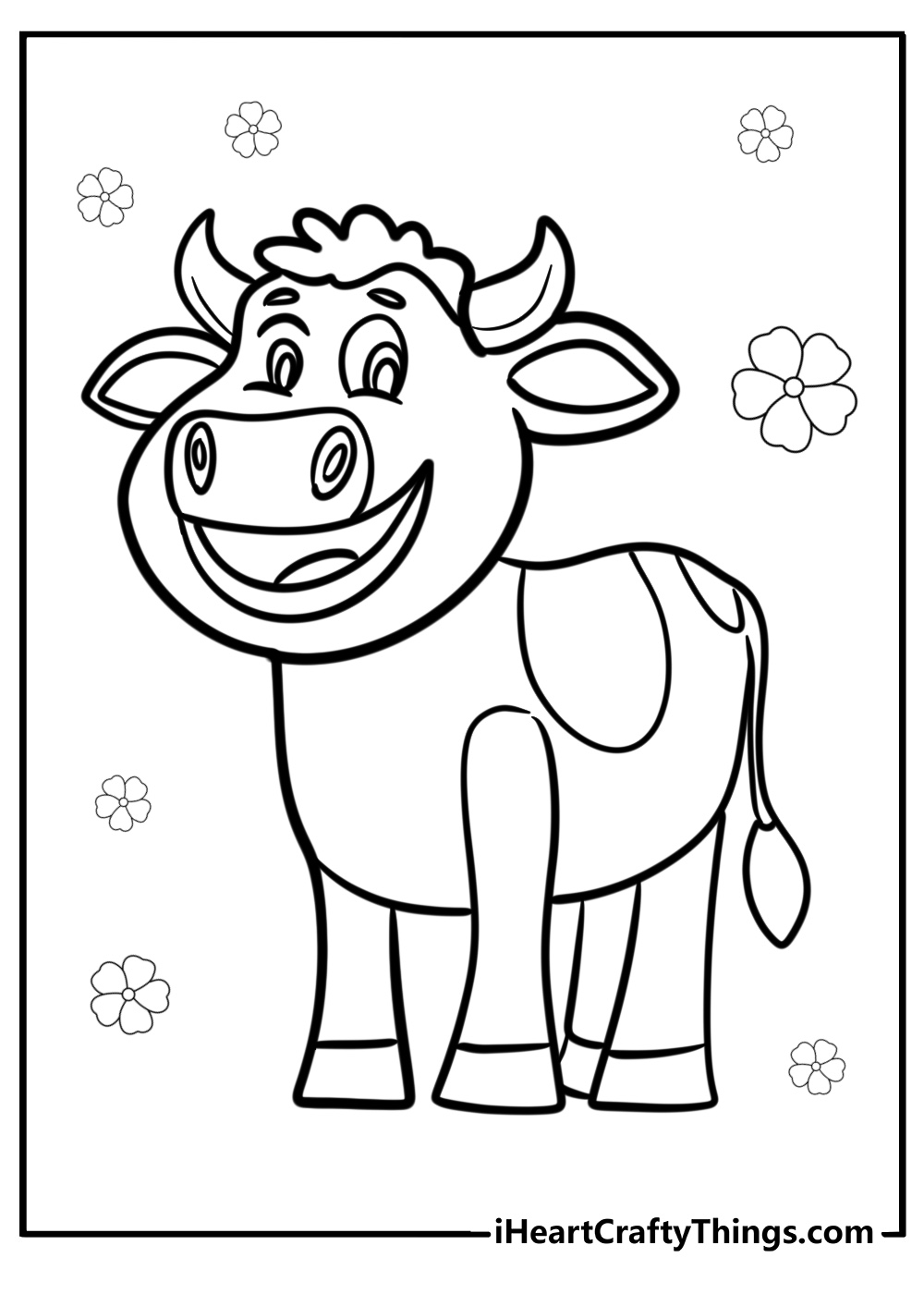 Cartoon cow with a big smile free coloring page pdf