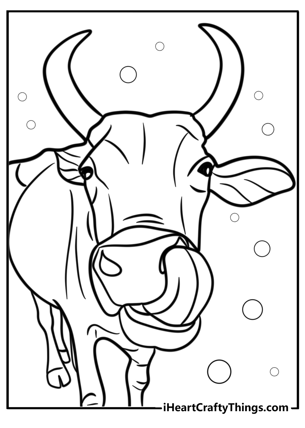 Cartoon cow with a funny face fun coloring sheet for kids