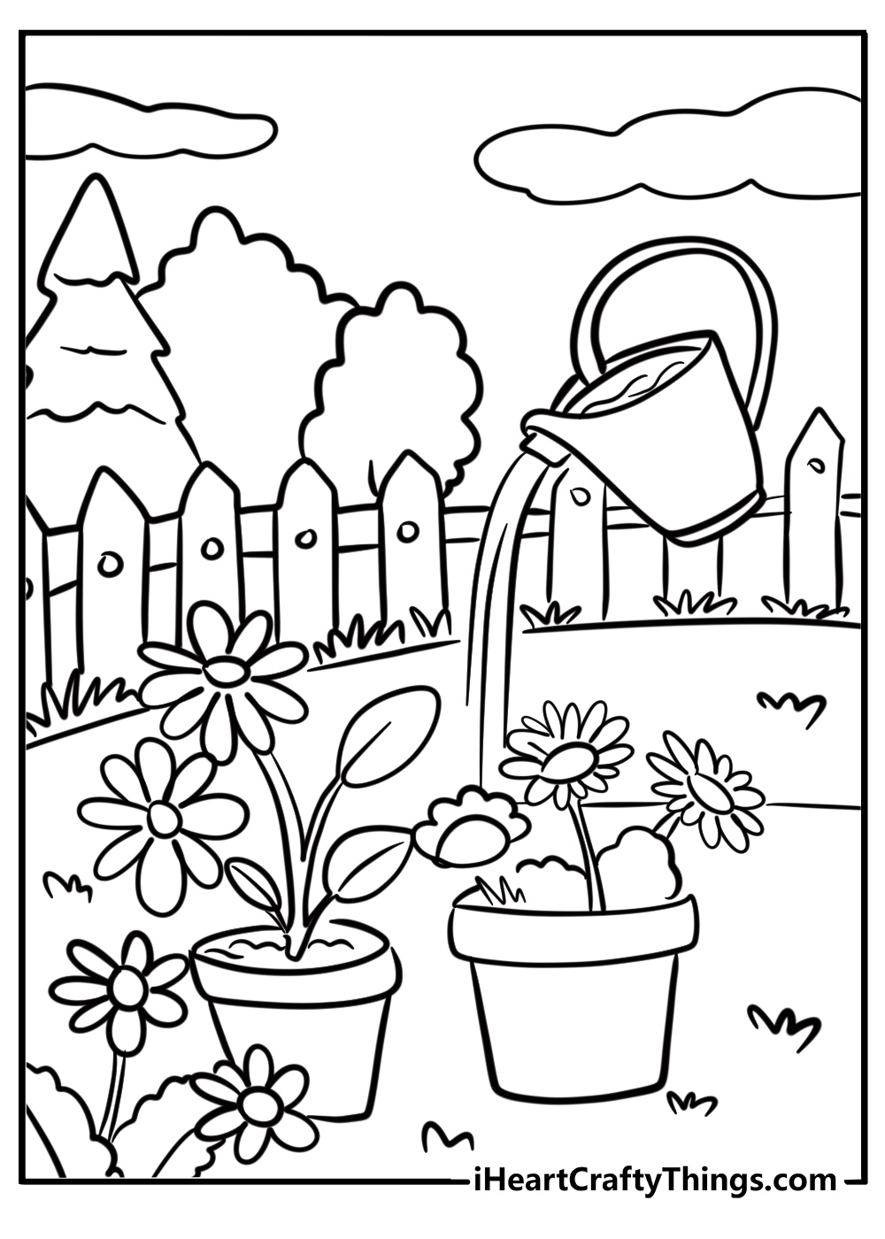 Cartoon garden with a watering can coloring sheet