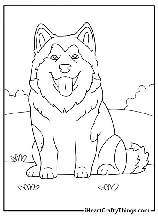 cartoon husky sitting with tongue out coloring sheet