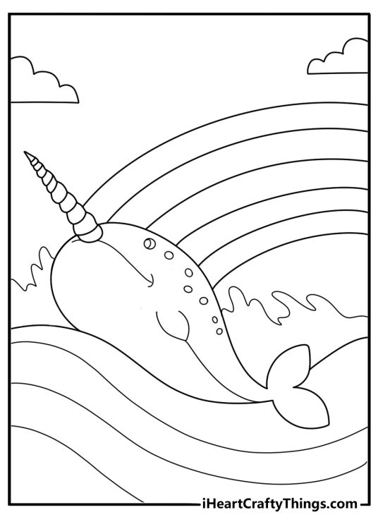 cartoon narwhal with rainbow waves fun coloring sheet