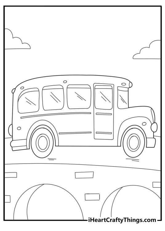 cartoon school bus driving over a small bridge coloring page for kids