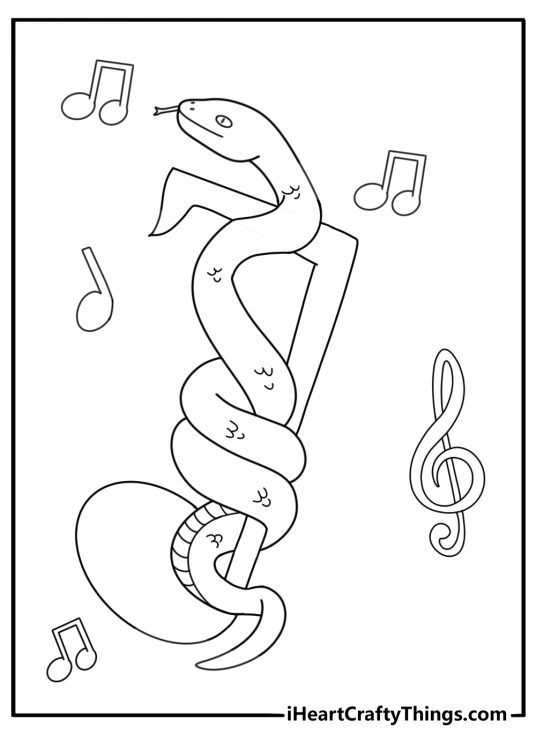 cartoon snake wrapped around musical notes fun printable coloring page